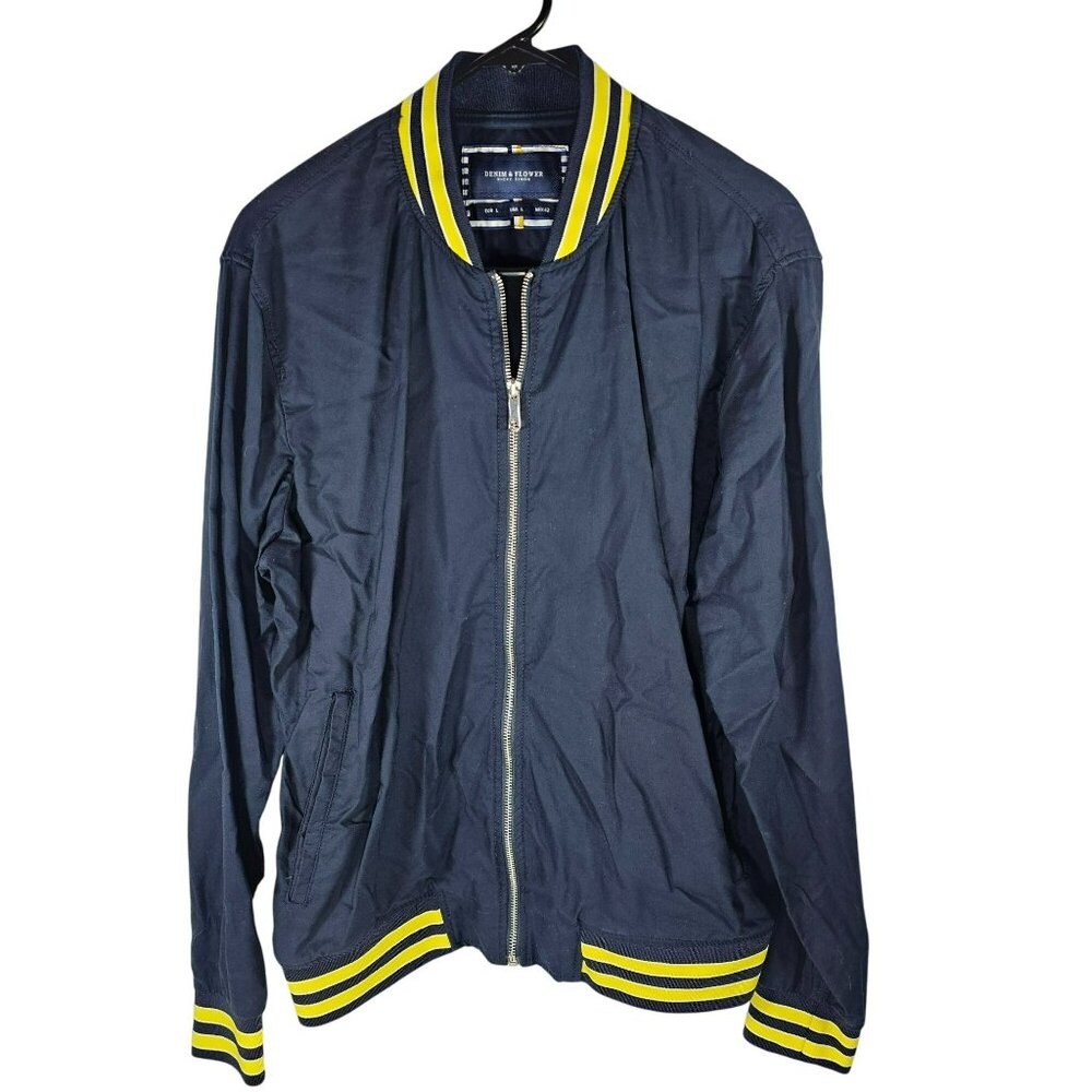 Denim & Flower Ricky Singh Bomber Jacket Mens Size L Navy Blue w/ Yellow Stripes
